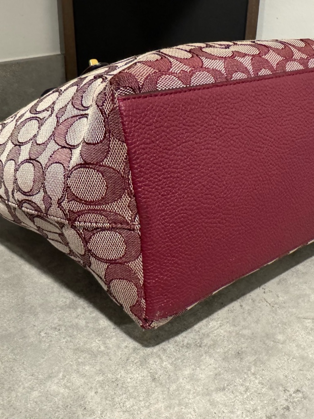 Coach Signature Jacquard Zip Tote Bag with Burgundy Leather Trim (Style 5106) - Picture 5 of 10